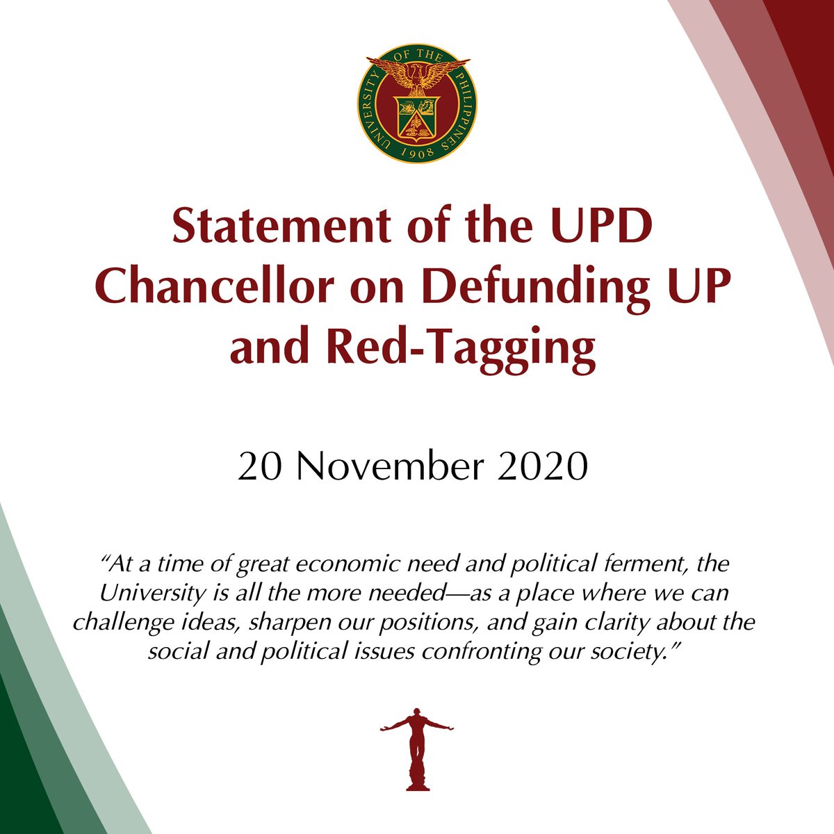 Official_UPD's tweet photo. Statement of the UPD Chancellor on Defunding UP and Red-Tagging

20 November 2020

Read full statement here: https://t.co/y1dGXP49kY https://t.co/0zBSQ3iZD2