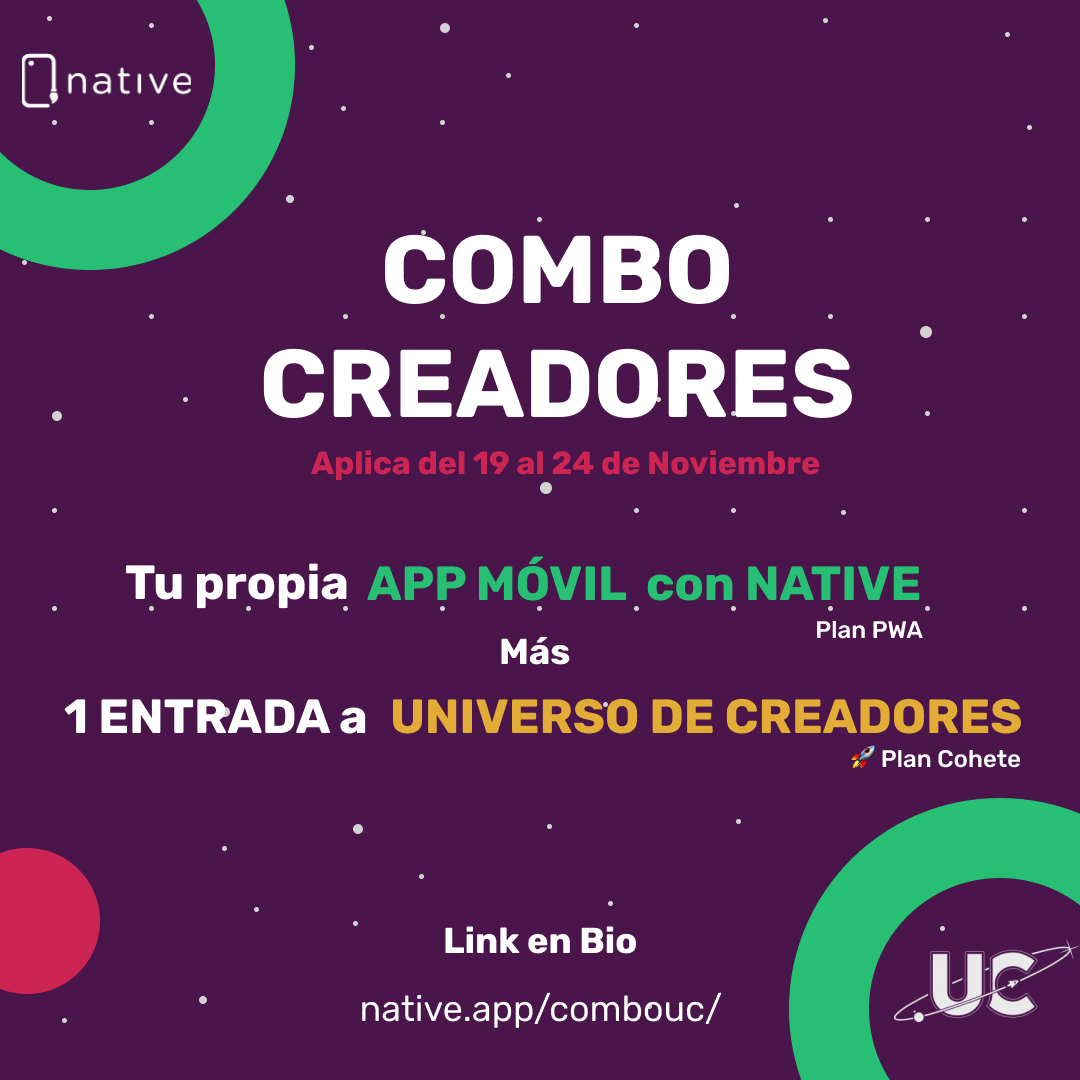 ux_native's tweet photo. 🤝 De la mano de Universo de Creadores hemos creado el COMBO CREADORES. 🚀😎 Esta es la oportunidad para tener TU PROPIA APP MÓVIL con @ux_native  y 1 entrada al evento Online @universodecreadores Plan Cohete 🚀 para los 3 días del evento. 🎆 👉🏽https://t.co/Ev8t7uZmpa https://t.co/SOSboM7hlj