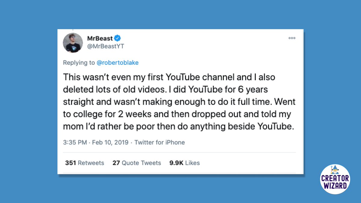 He started gaining traction in 2015 thanks to his “worst intros” series, where he made fun of YTers' intros.By mid-2016, he had hit 30K subs. Later that year, he enrolled in college only to drop out just 2 weeks later."I'd rather be poor than do anything besides YouTube."