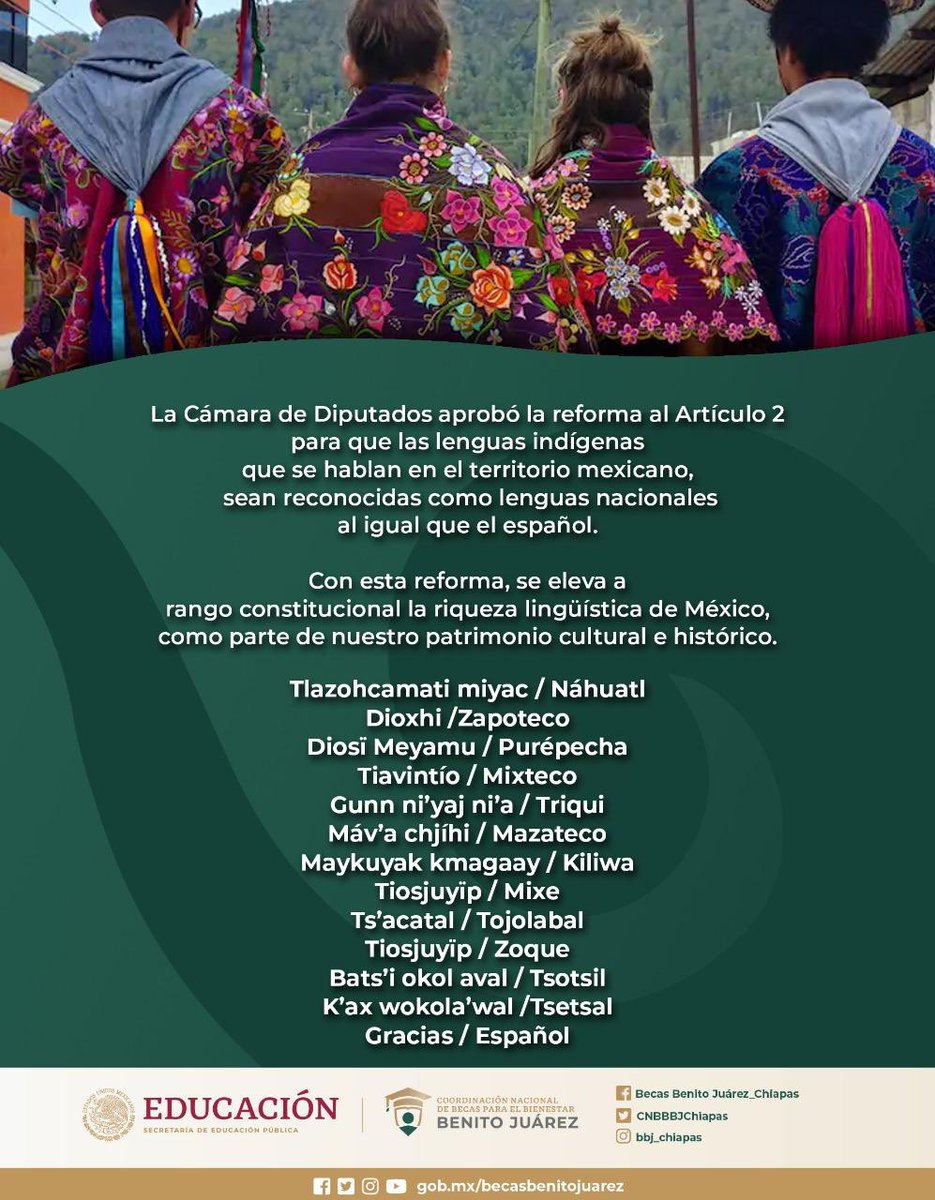 AnimasLeticia's tweet photo. Gracias a la aprobación por la Cámara de Diputados, de la reforma al Artículo 2, las lenguas indígenas que se hablan en el territorio mexicano, serán reconocidas como lenguas nacionales al igual que el español. https://t.co/R6gsuzLZeQ