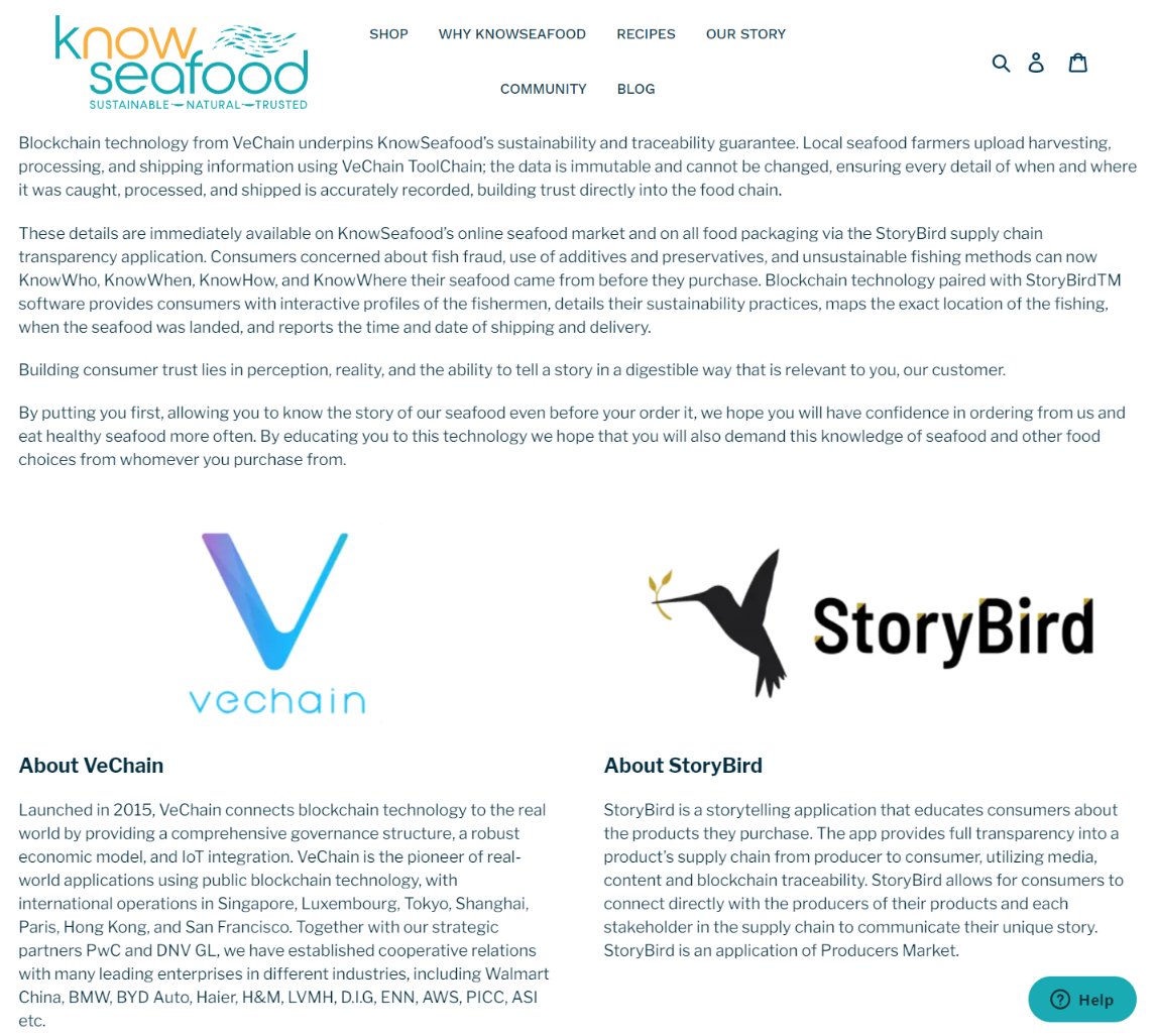 VeChain x KnowSeafood"Blockchain technology from VeChain underpins KnowSeafood’s sustainability and traceability guarantee. Local seafood farmers upload processing and shipping information using VeChain ToolChain."H/T: u/CRItual https://knowseafood.com/pages/trusted-traceability #VeChain  $VET  #VeFam