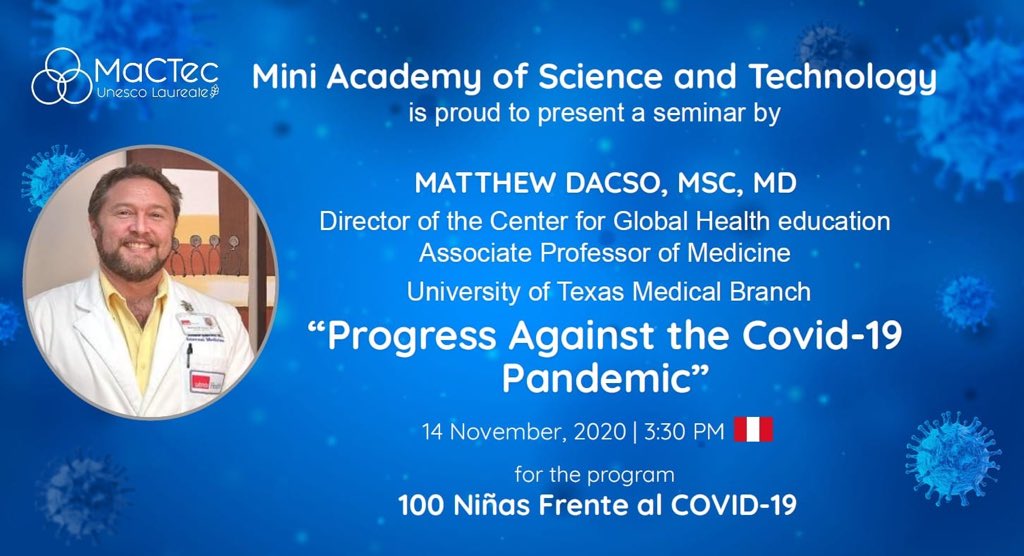 mactecperu's tweet photo. Queremos agradecer al Científico Mactec: Matthew Dacso, MSC, MD @DrMattDacso quién compartió grandes momentos con nuestras 100 niñas, resolviendo sus preguntas y compartiendo los avances científicos sobre el SARS-COV-2 y sus efectos en la COVID-19.

¡Muchas gracias Dr. Matthew!🌟 https://t.co/T0QHvbIqxe