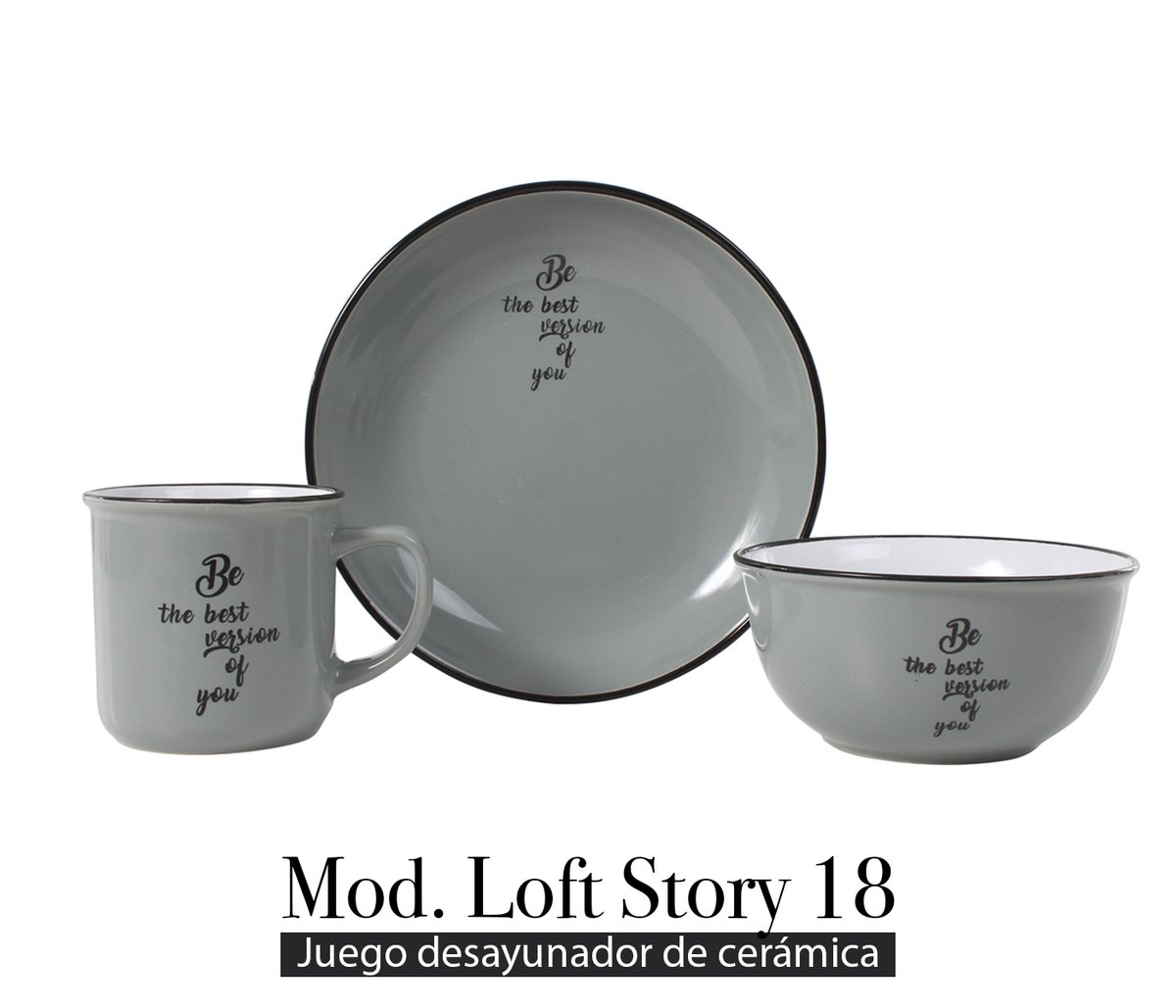 No necesitas más para tu desayuno.
Mod. Loft Story 18
Juego desayunador de cerámica.

Para 1 persona

Incluye: 3 piezas
- 1 plato ensaladero de 20 cm.
- 1 bowl de 13 cm.
- 1 mug de 300 ml.
Adquiérela aquí:
whatshome.net/link/store/ROOT