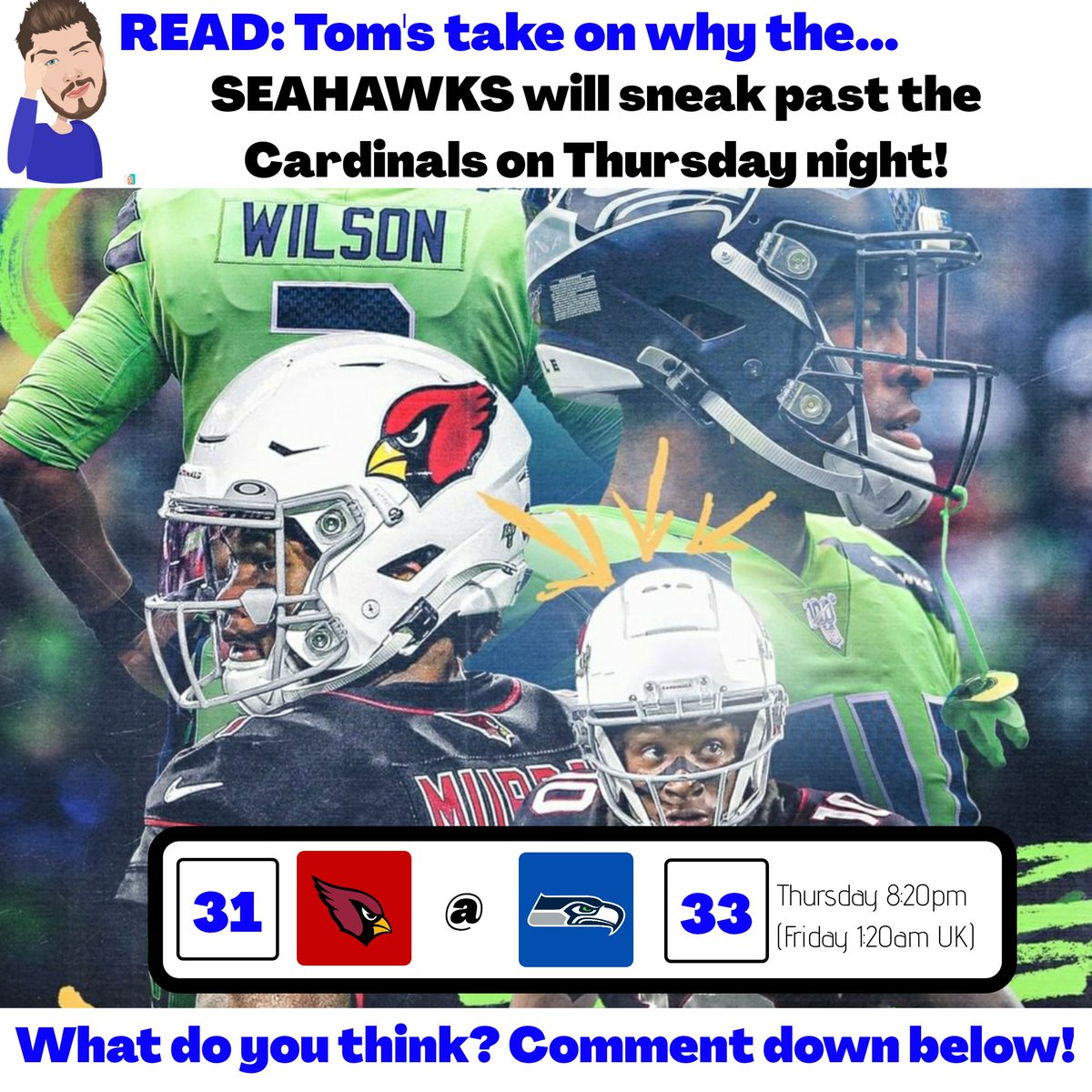 NFLUKOPS's tweet photo. TOMS TAKE 🏈

HERE IS #TOMSTAKE ON TONIGHT'S NFC WEST MATCHUP BETWEEN @Seahawks &amp; @AZCardinals 👇

HOW DO YOU SEE THIS GOING?

#NFL #NFLUK #NFLUKOPS #NFLTWITTER #TOUCHDOWN #TNF #SEAHAWKS #CARDINALS #REDSEA #12S #THURSDAYNIGHTFOOTBALL @DangeRussWilson @dkm14 @K1 @DeAndreHopkins https://t.co/elI7uqMs08
