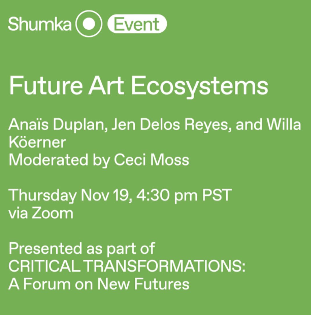 willak's tweet photo. I’m on this panel tonight about Future Art Ecosystems—it starts in an hour! (7:30PM EST) Via ZOOM! 

Thx for including me to chat about @strangefound, @ceci_moss 💚

Join here: https://t.co/CXHthHKkQk https://t.co/qjSgSrNckO