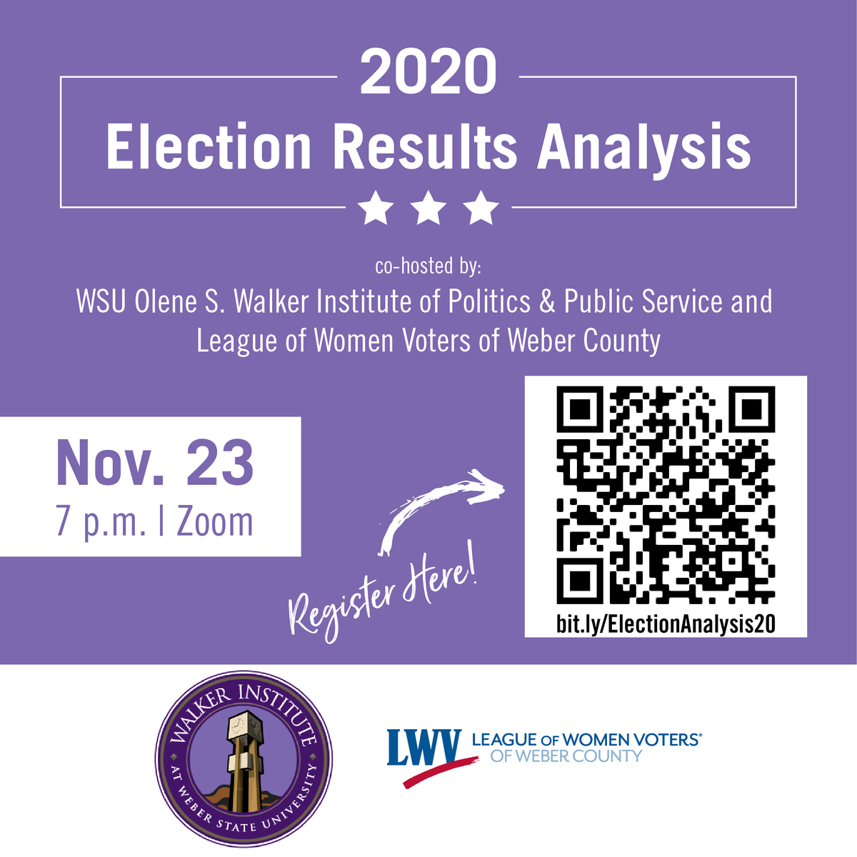 WSUPEC's tweet photo. Every 2 years, Dr. Leah Murray analyzes the results of our national election with the Weber County League of Women Voters. Join us as the Walker Institute co-hosts this event with the LWV on Nov 23 at 7pm via Zoom.

Register in advance at:
https://t.co/UTJfwhzQHj
#WeberStateVotes https://t.co/c2EoN73Cl9