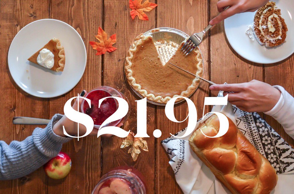 Seats at our tables are less than full this year, but the dinner can still be fantastic! Reserve your order now for pick up on Thanksgiving day. 1/2lb smoked turkey, mashed potatoes and gravy, veggie, cranberry feta salad, &amp; a slice of pumpkin pie, $21.95. $10 discount for 4.