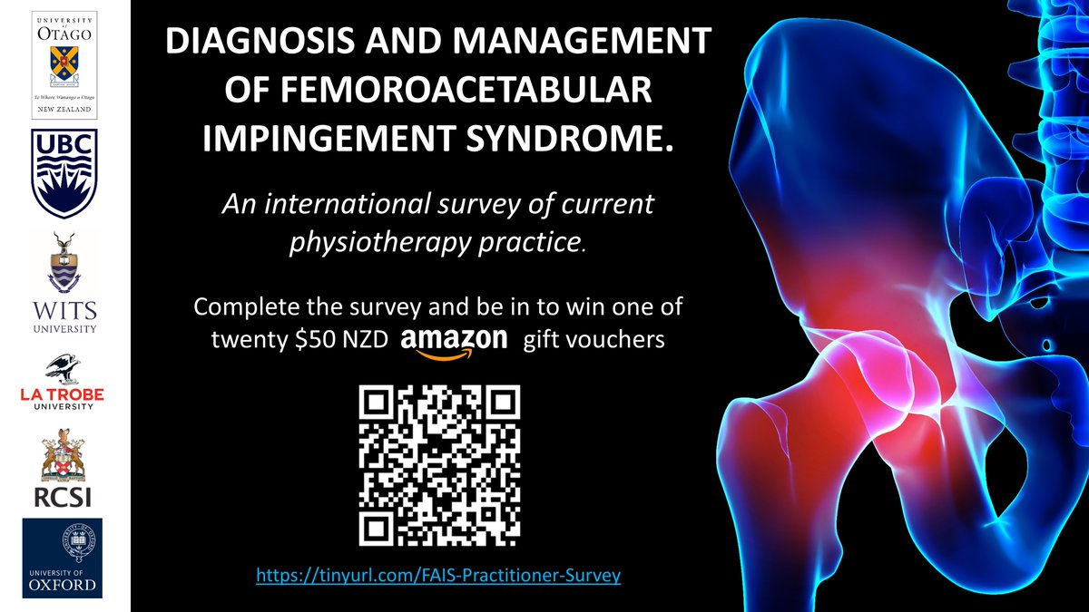 Where are all the NZ Physio’s! <a href="/SportsPhysioNZ/">Sports & Ex PhysioNZ</a> <a href="/PhysioNZ/">Physiotherapy New Zealand</a> <a href="/NZMPA1/">NZMPA</a> An international survey on diagnosis and management of FAI syndrome is generating great feedback from our colleagues overseas, but we need more Kiwi physios to tell us about their practice. tinyurl.com/FAIS-Practitio…