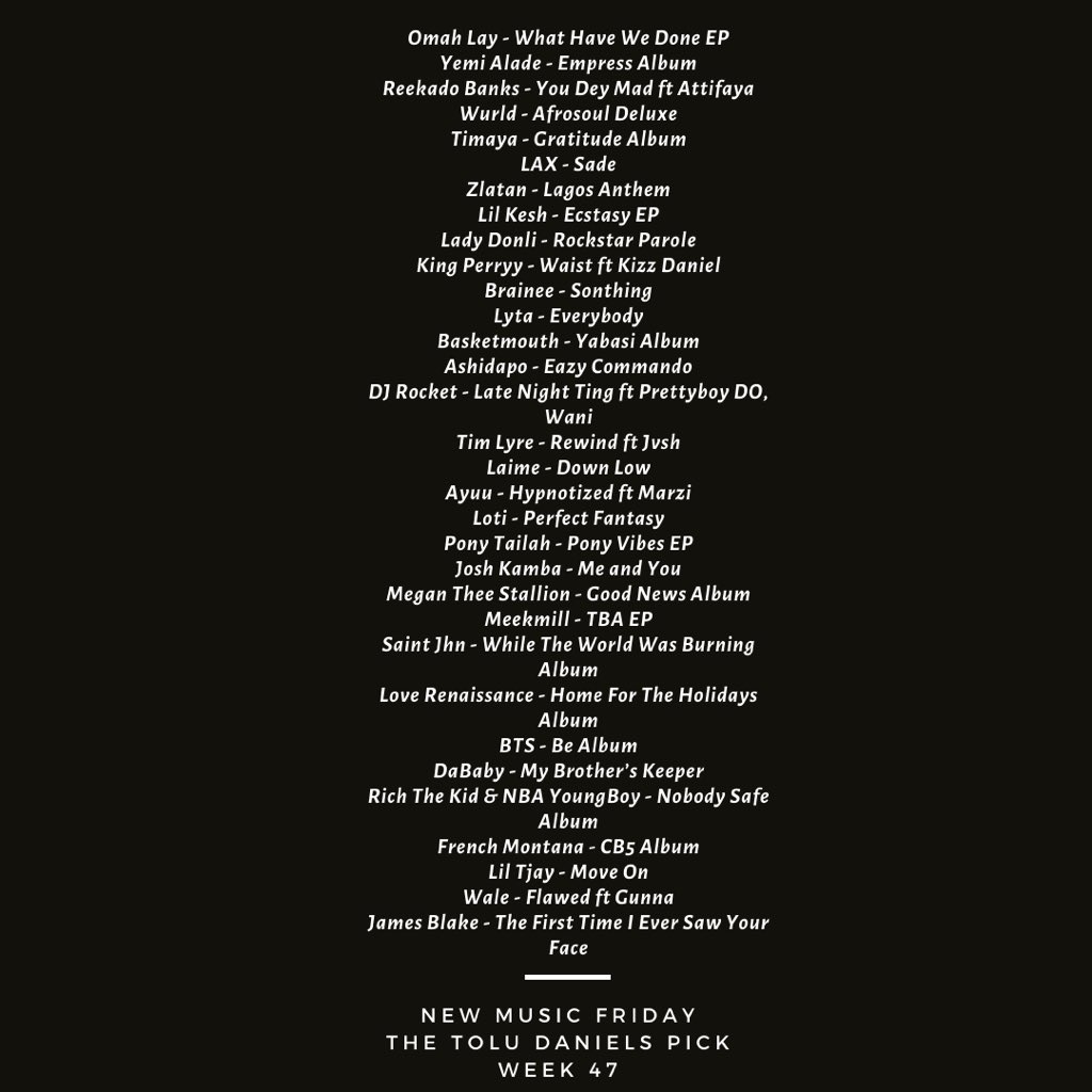 TheToluDaniels_'s tweet photo. New Music Friday
The Tolu Daniels Pick

Omah Lay - What Have We Done EP
Yemi Alade - Empress Album
Reekado Banks - You Dey Mad ft Attifaya
Wurld - Afrosoul Deluxe
Timaya - Gratitude Album
LAX - Sade
Zlatan - Lagos Anthem
Lil Kesh - Ecstasy EP
Lady Donli - Rockstar Parole
1/ https://t.co/avTUFbK3Mc