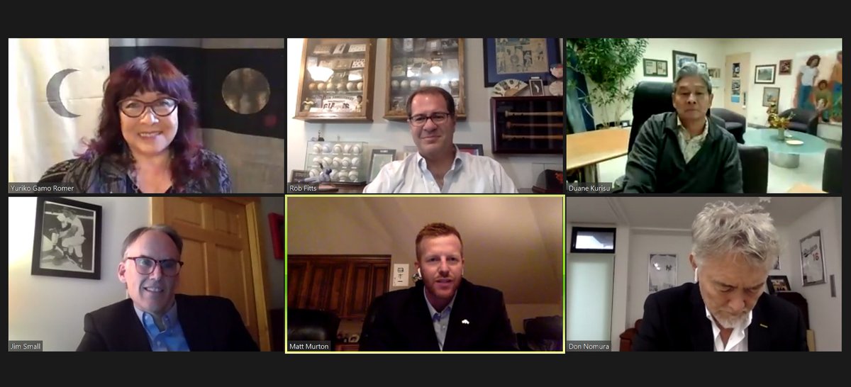USJC's tweet photo. We're live with Yuko Kaifu @JHLosAngeles, Joshua Morey of @jmoreyins, baseball historian Rob Fitts, Yuriko Romer (@diamondiplomacy, @Docfilmgal), @SFGiants' Duane Kurisu, former #HanshinTigers/#MLB player Matt Murton, Sports agent Don Nomura and Jim Small of @MLB. ⚾️ #USJCPS https://t.co/DWMJWqlHxs