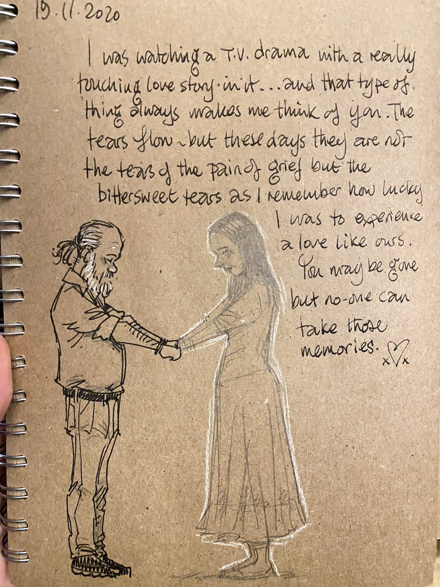 GaryScribbler's tweet photo. The memories always bring such warmth now. There’s still that void but the love remembered does its best to fill it. (Side note: I can watch sad stuff or shmaltz with no problem but show me a realistic love story and I’m a puddle!) #doodleaday #widowerlife https://t.co/zPUB2MglX1