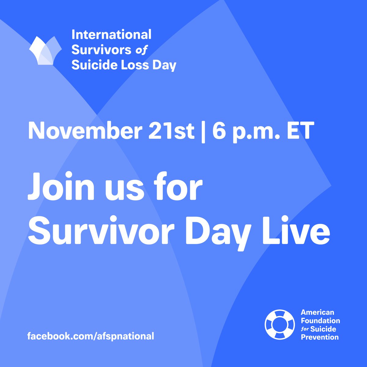 afspnational's tweet photo. Please join us for Survivor Day: Facebook Live on Saturday, November 21st at 6 pm ET at https://t.co/mCX4uXyVSd! We'll be screening our documentary “Life Journeys: Reclaiming Life After Loss" and hosting a moderated discussion with suicide loss survivors. 

See you there 💙 https://t.co/lXKQDHreMO