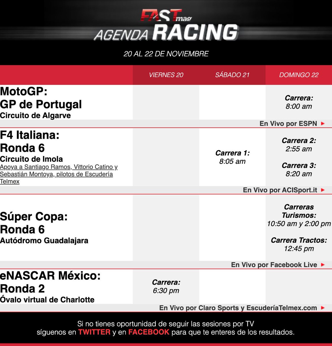 ¡La #AgendaRacing!
Checa a detalle la acción de este fin de semana en las pistas nacionales, internacionales y virtuales --> https://t.co/mzKVG8mitp
#MotoGP #SuperCopa #NASCAR #esports #Italia https://t.co/48aU9ZS0ec