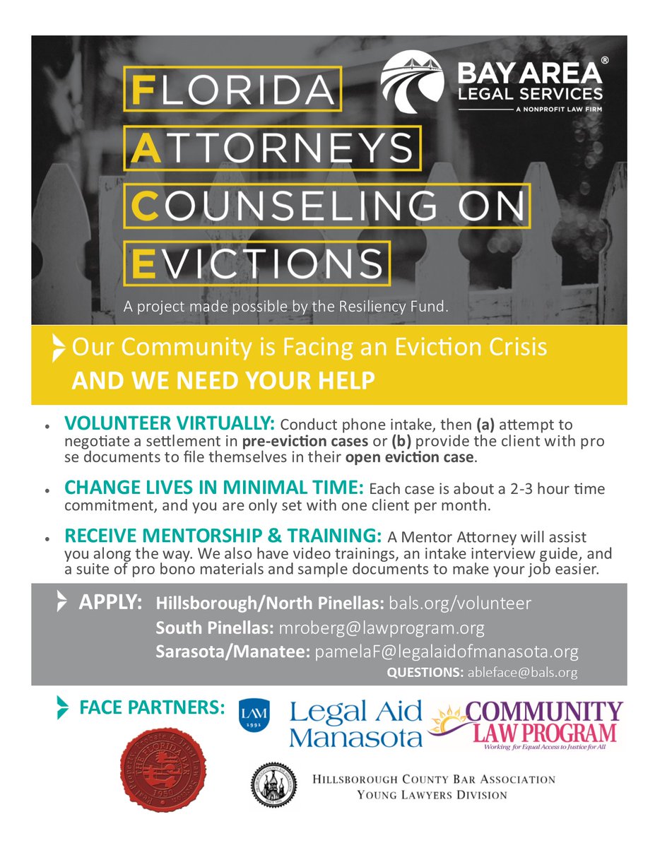 United Way Suncoast (@uwsuncoast) on Twitter photo Our community is facing an eviction crisis, and we are looking for volunteer attorneys to help!
<a href="/Bay_Area_Legal/">Bay Area Legal Services</a> needs pro bono attorneys to help individuals fight homelessness. Just a few hours can change someone's life and keep them housed.
#UWSuncoast #UnitedWeRise Our community is facing an eviction crisis, and we are looking for volunteer attorneys to help!
<a href="/Bay_Area_Legal/">Bay Area Legal Services</a> needs pro bono attorneys to help individuals fight homelessness. Just a few hours can change someone's life and keep them housed.
#UWSuncoast #UnitedWeRise
