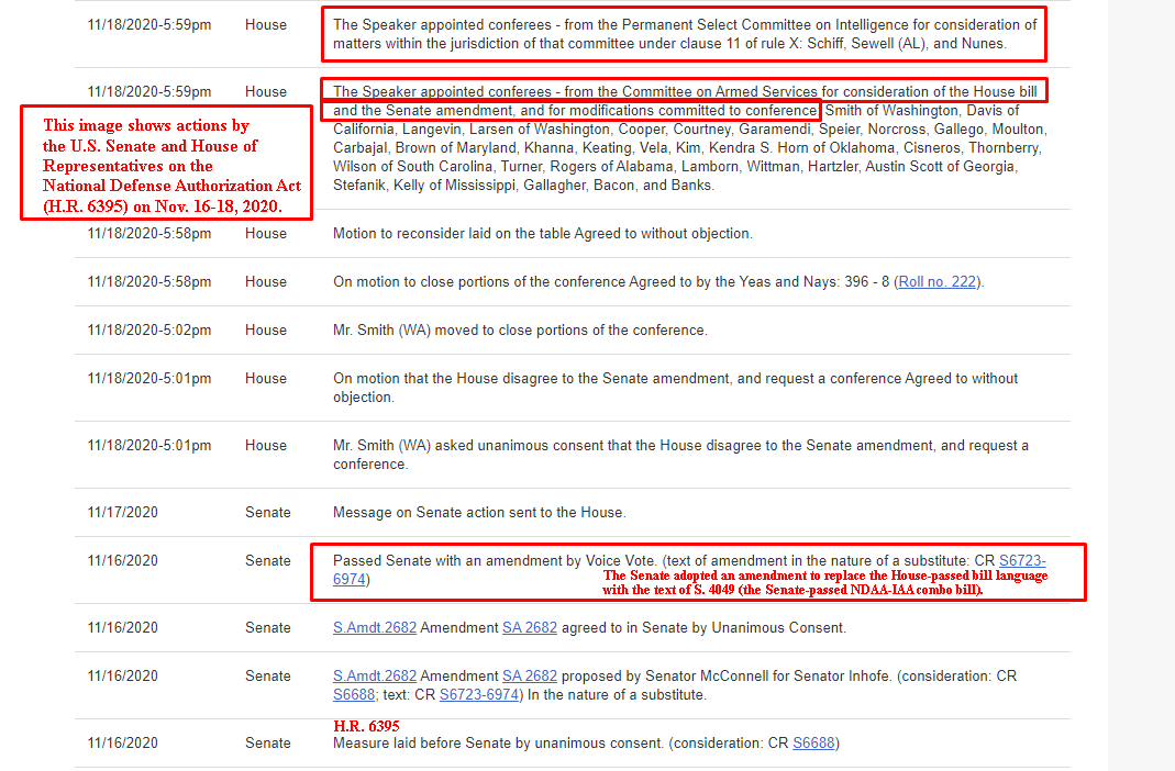 On Nov. 18, the House Speaker named conferees-- 83 in all! The largest number are Armed Services committee members, but three members of House Intelligence were included to negotiate the IAA-related provisions. Oddly, the Senate has not yet formally named conferees.