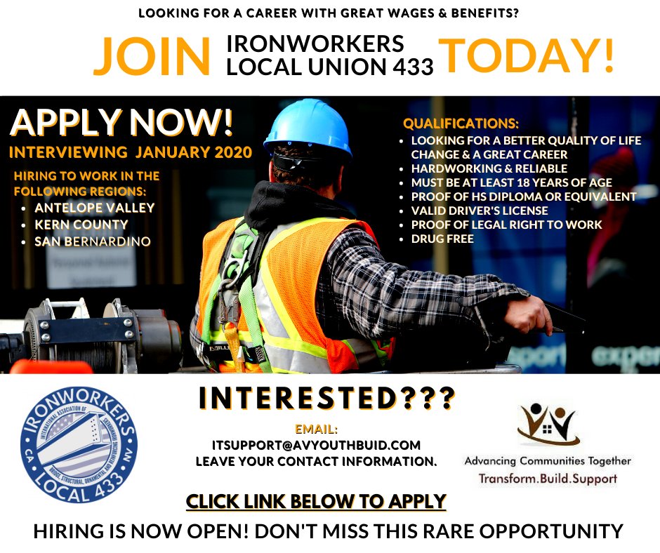 ActCommunities's tweet photo. Ironworkers Local 433 is hiring for January 2021! Apply today!
https://t.co/mV7oOzpQ4L https://t.co/UPqaNYioGL