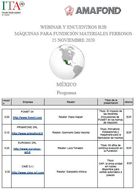 ITAMexico_'s tweet photo. 📢¡Que no se te olvide! #WEBINAR #ENCUENTROSB2B 25-26 noviembre "Tecnología Italiana para fundición" Registrate aquí 🇮🇹👉 https://t.co/HQSEAa7ie4 #AMAFOND #fundicion @SMFAC1962 https://t.co/Mr3EJmHffy