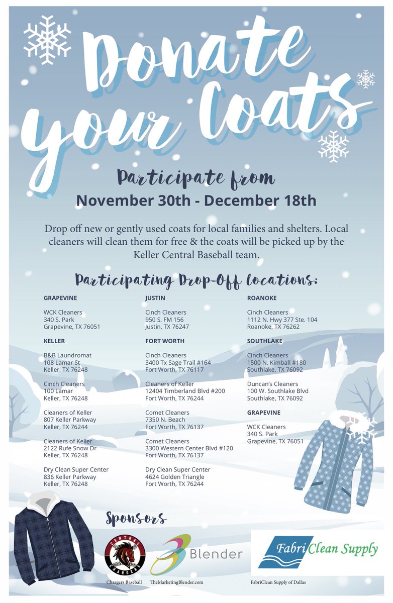 ByronGriggs's tweet photo. Really proud to be a part of this. Go thru your closet now &amp; find coats you’d like to donate after Thanksgiving &amp; help support your NE Tarrant County drycleaners, your community &amp; the Keller Central baseball team. Let’s make this a HUGE SUCCESS!!! https://t.co/2JX4GGRETu