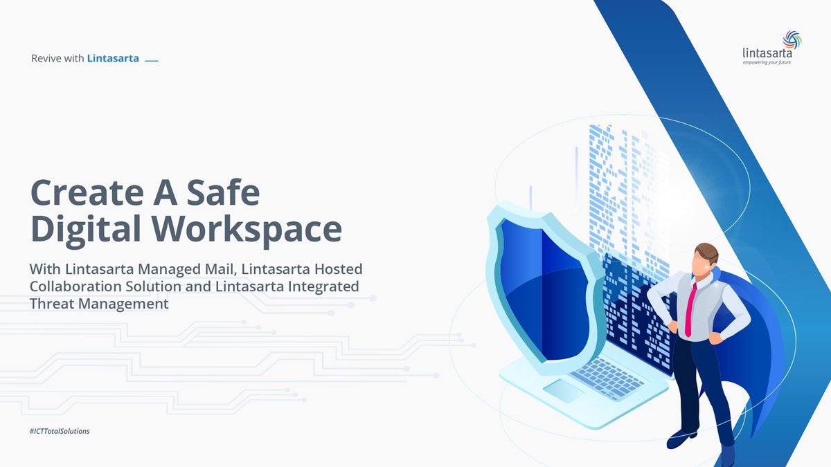 Lintasarta's tweet photo. Wujudkan ruang kerja digital yang aman dengan solusi Lintasarta seperti Managed Mail, HCS, dan Integrated Threat Management.
Klik https://t.co/JVaWszV7hk untuk selengkapnya!
#EmpoweringYourFuture #CloudService #CollaborationSolution #WorkFromHome #RemoteWork #DigitalWorkspace https://t.co/w8T0OkttQj