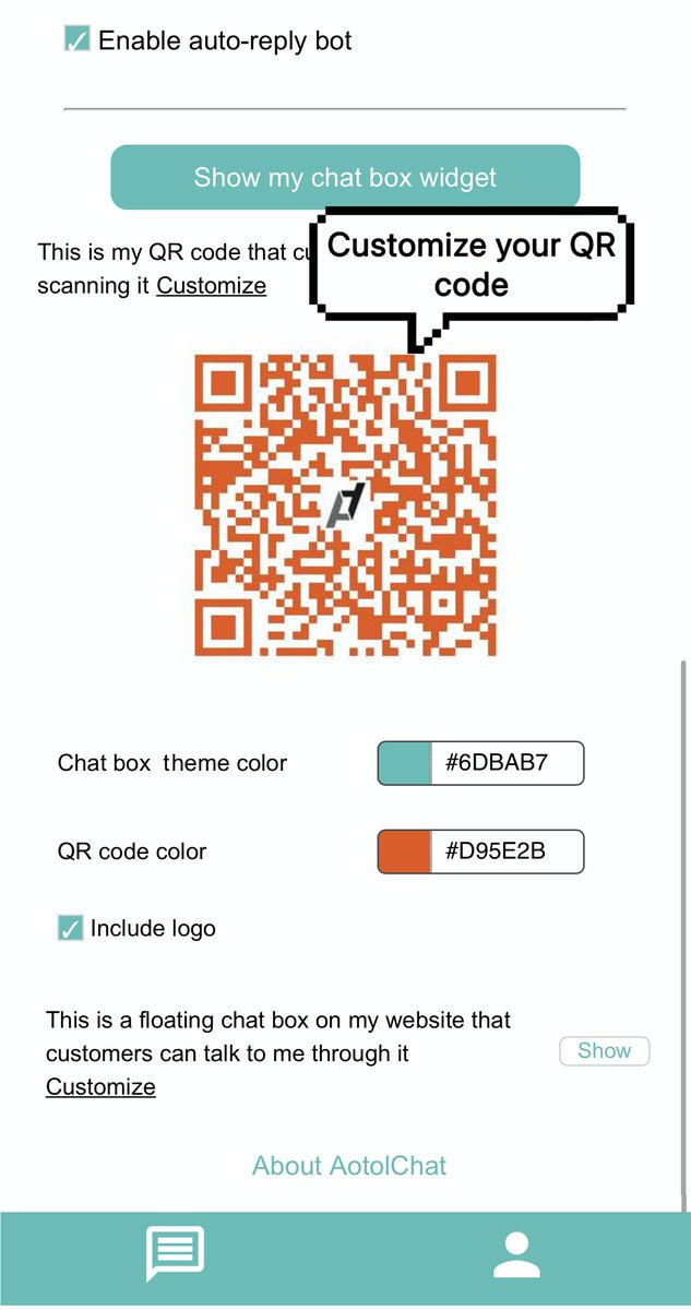 aotol's tweet photo. 🎉Another new feature is here for you! Now you can not only embed logo into your QR code, but also customise the QR code colour from your fingertip!

AotolChat, a free live chat box for your website.

Download AotolChat today and enjoy every updates for free! https://t.co/M5nwgtdhK5