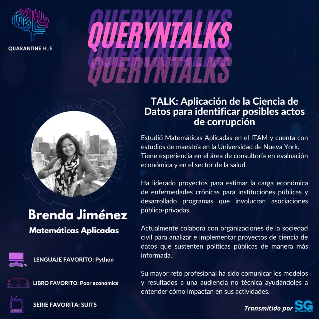HubQuarantine's tweet photo. ⚠️⚠️⚠️⚠️⚠️⚠️⚠️⚠️⚠️⚠️⚠️⚠️

En esta #queryntalk @bcjg23  compartirá "Aplicación de la Ciencia de Datos para identificar posibles actos de corrupción".

¿Cuándo?
Viernes 20 de nov, 7 pm (CDMX)
Streaming en:
Facebook -> https://t.co/WDdCtB20vP

YouTube -> https://t.co/Q6MVhjCGsH https://t.co/20PoTpBToA