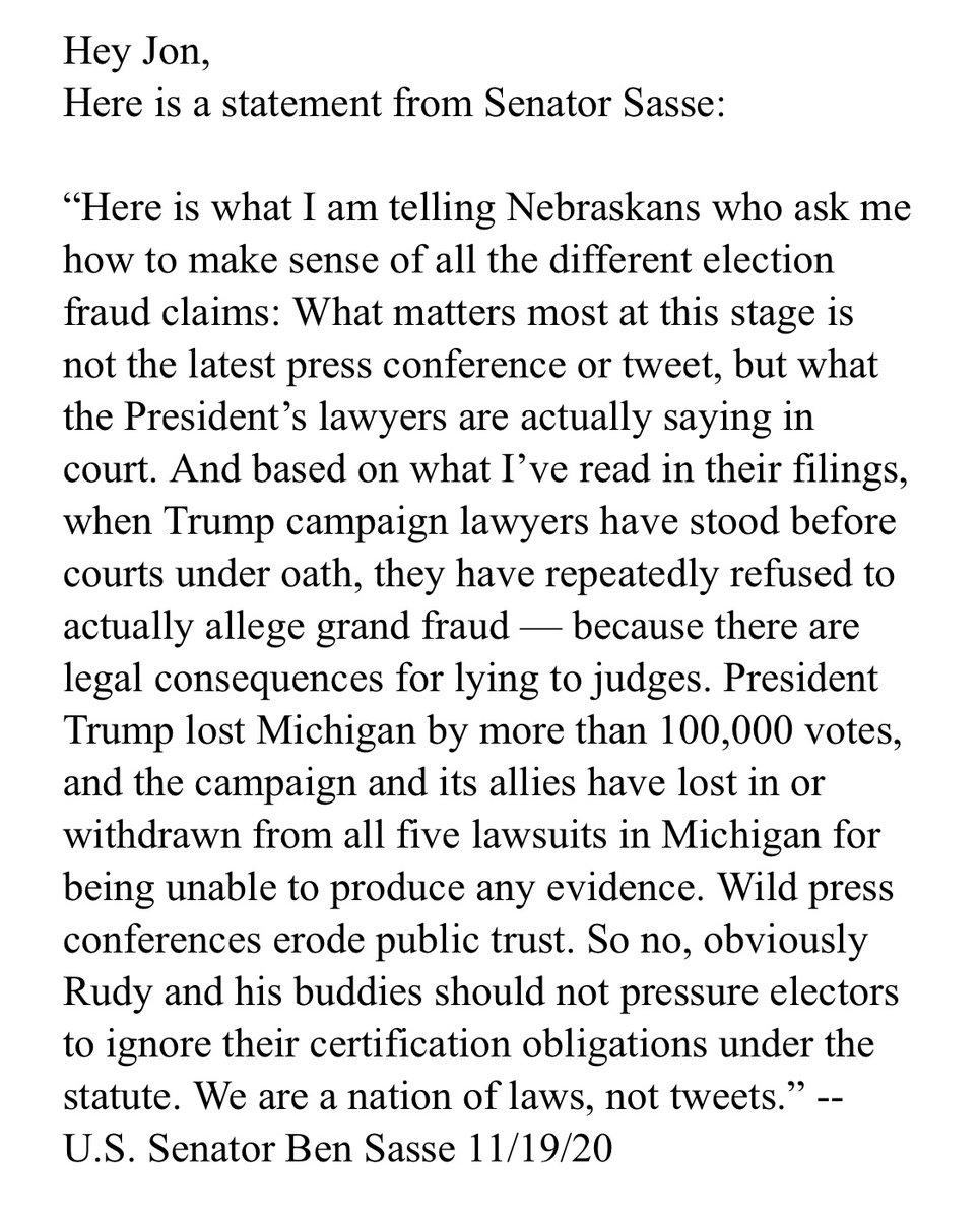 Here’s a statement on the Giuliani presser today from  @BenSasse, who somehow is still somewhat alone — with a few exceptions — in the GOP in speaking out honestly and forthrightly about what’s happening.