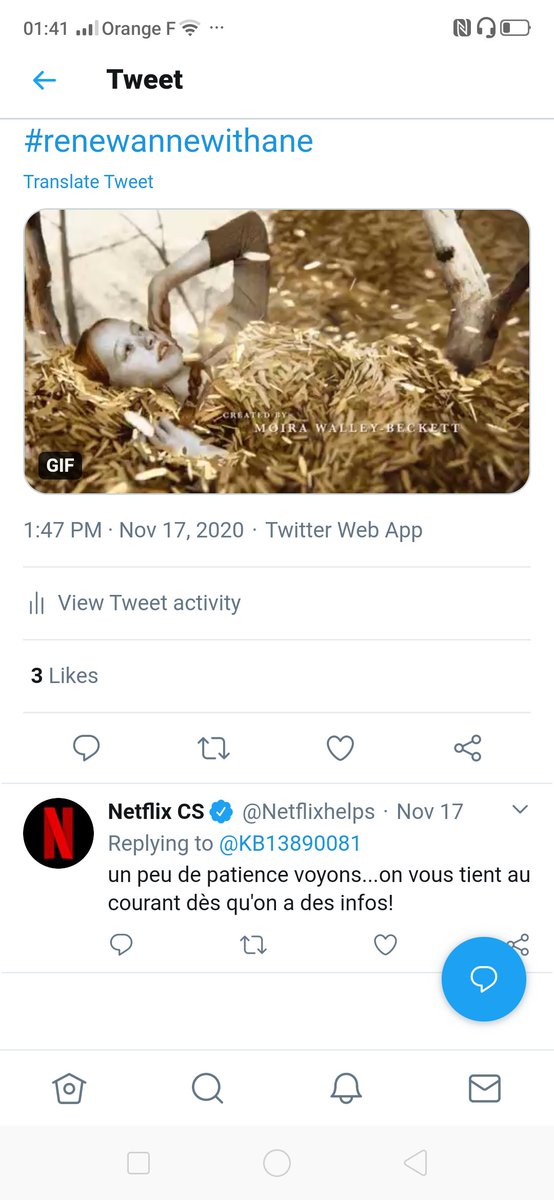 eloKB_for_awae's tweet photo. OMG ANNE NATION !!!

LOOK AT NETFLIX'S ANSWER ABOUT THE RENEWAL !!! 
🤪🤪🤪🤪🤪🤪🤪🤪🤪🤪🤪

it's in french. 

Translation : A little patience. We'll let you know as soon as we get some information.

#renewannewithane https://t.co/ySudz3ZIik