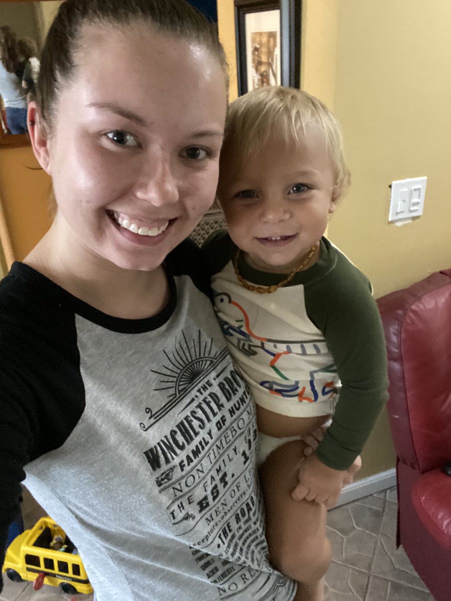 Rachealaclove's tweet photo. In honor of @cw_spn premiering it’s last episode tonight I wore my Winchester Brothers shirt and had my little friend Reef help me model it. Will miss you Sam and Dean but after 15 years on the air everything must come to an end.  CARRY ON MY WAYWARD SON! @JensenAckles @jarpad https://t.co/Ll5EdiS1qj