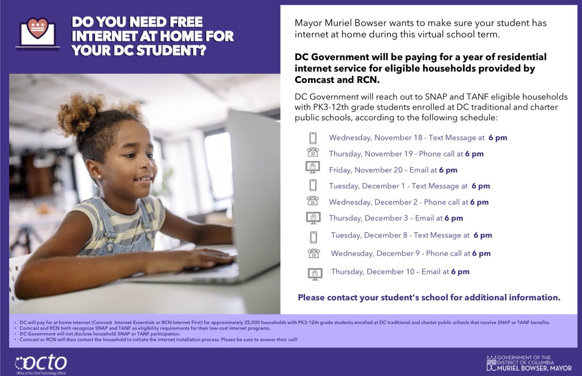 RooseveltHSDC's tweet photo. .@MayorBowser wants to make sure students have internet at home during this virtual school term. DC Government will be paying for a year of residential internet service for eligible households provided by Comcast and RCN. More details at https://t.co/StEzf6DXdc. https://t.co/2yzcM41tps