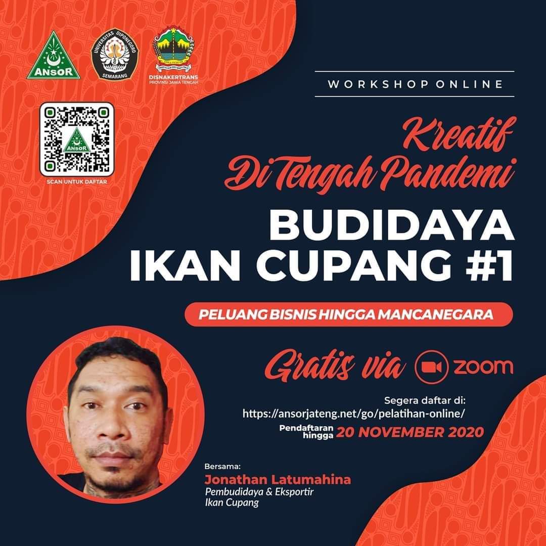 PELATIHAN ONLINE
(Budidaya Ikan Cupang 1)

Minggu 22 November 2020, jam 15.00 WIB

Jonathan Latumahina
(Pembudidaya &amp; Eksportir Ikan Cupang).

Pendaftaran hingga Jumat 20 November  2020.

Dapat eSertifikat

Klik Linnk Pendaftaran: 
ansorjateng.net/go/pelatihan-o…