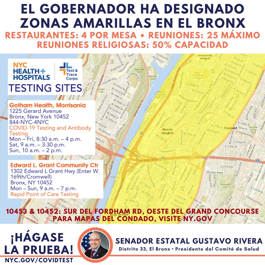 Do you live in zip codes 10453 & 10452 in University Heights, Morris Heights & parts of Tremont?  #GetTested at a nearby site!Vives en los códigos postales 10468 y 10453 en University Heights, Morris Heights & partes de Tremont?  #HaztelaPrueba en un sitio cercano!