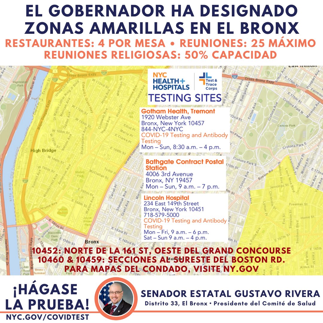 Do you live in zip codes 10452, 10459 & 10460 in Highbridge & South of Crotona?  #GetTested at a nearby site!Vives en los códigos postales 10452, 10459 & 10460 en Highbridge & al Sur de Crotona ?  #HaztelaPrueba en un sitio cercano!