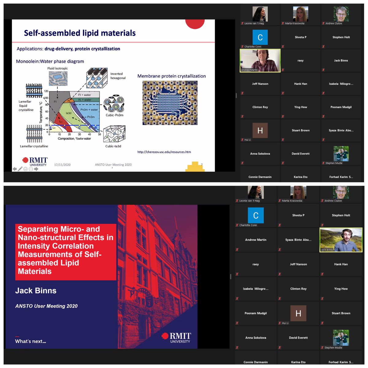 marta_krasowska's tweet photo. Two excellent talks from @jack_binns and Andrew Martin @rmit @TamGreaves wrapping up our morning #SAXS #SANS session. Thank you for excellent talks and for attending @AndrewClulow for co-hosting! #UM2020 @ANSTO @ausynchrotron https://t.co/HLlNP3x2JO