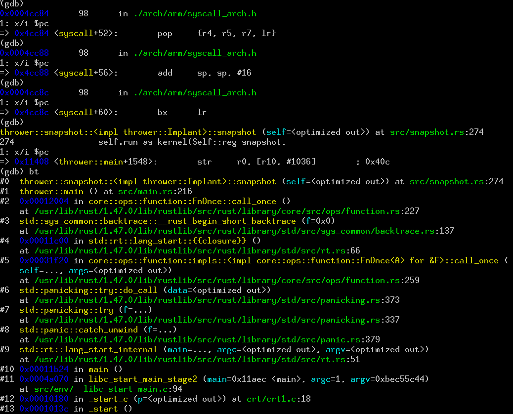 gamozolabs's tweet photo. Can't get over how cool this is. Single stepping an official and signed build on this Android phone by using our exploit to save all register and memory state, and re-loading it in QEMU. Here we return from our snapshot code and return back to userspace! https://t.co/1saS1XBntV https://t.co/18hFoiKDGY