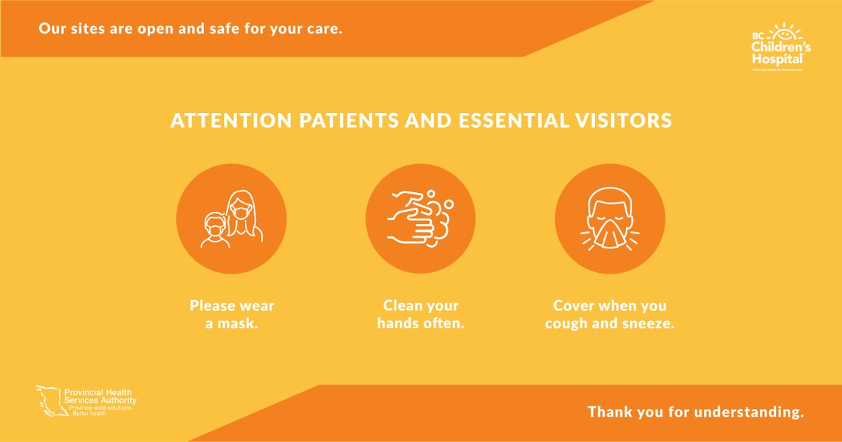 BCChildrensHosp's tweet photo. Are you bringing a child to BC Children’s? You and your child, if your child is age three and older and medically able, are requested to wear a mask. Please clean your hands, cover your coughs/sneezes and stay 2 metres from others. https://t.co/jA7VjaRAwV https://t.co/qti0Yvle7Q