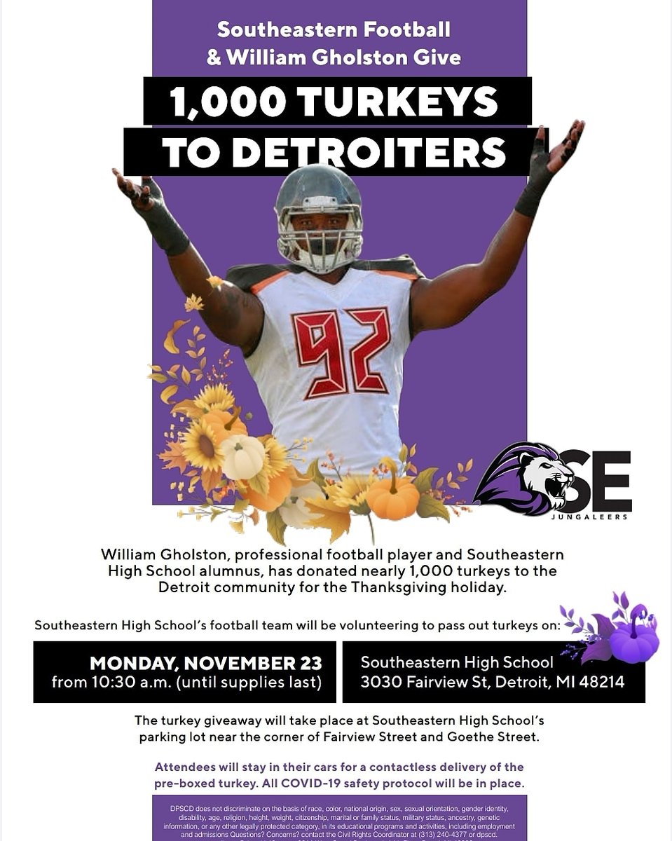 NFL player and <a href="/SE_Jungleers/">SE Athletics</a> football alum <a href="/WILL_GHOLSTON2/">Will Gholston</a> is sponsoring a turkey giveaway at Southeastern on Monday November 23rd from 10:30am until supplies last. 1000 turkeys will be given away. This will be a drive-thru giveaway and we will be practicing social distancing.