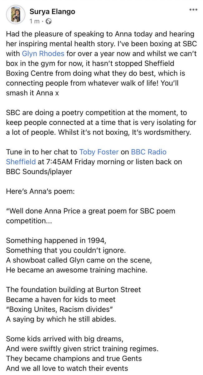 surreallymango's tweet photo. Had the pleasure of speaking to Anna today. I’ve boxed at SBC with @ShowboatRhodes over a year. Whilst we can’t box in the gym atm, it hasn’t stopped #SheffieldBoxing Centre from keeping people connected during what IS an isolating time. She’s on @BBCSheffield 7:50AM. Go Anna! X https://t.co/NTHPFZVGv8