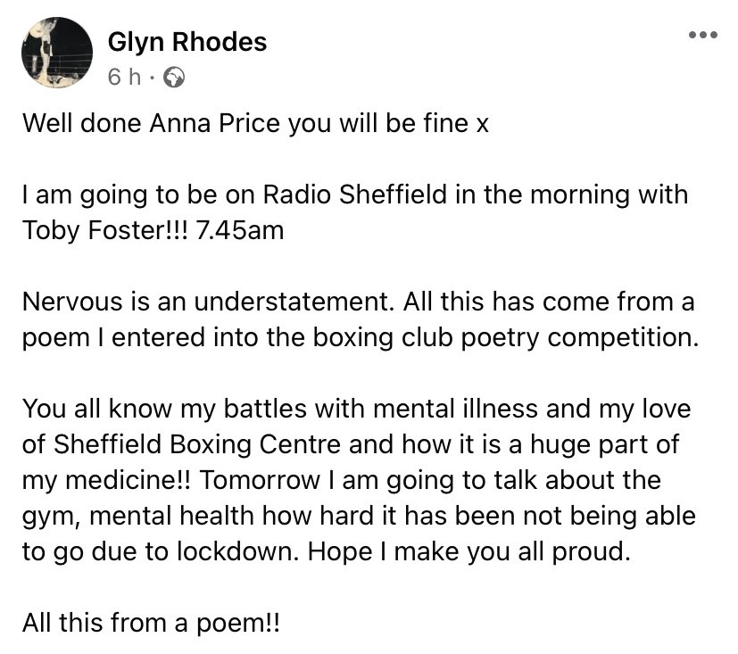 surreallymango's tweet photo. Had the pleasure of speaking to Anna today. I’ve boxed at SBC with @ShowboatRhodes over a year. Whilst we can’t box in the gym atm, it hasn’t stopped #SheffieldBoxing Centre from keeping people connected during what IS an isolating time. She’s on @BBCSheffield 7:50AM. Go Anna! X https://t.co/NTHPFZVGv8