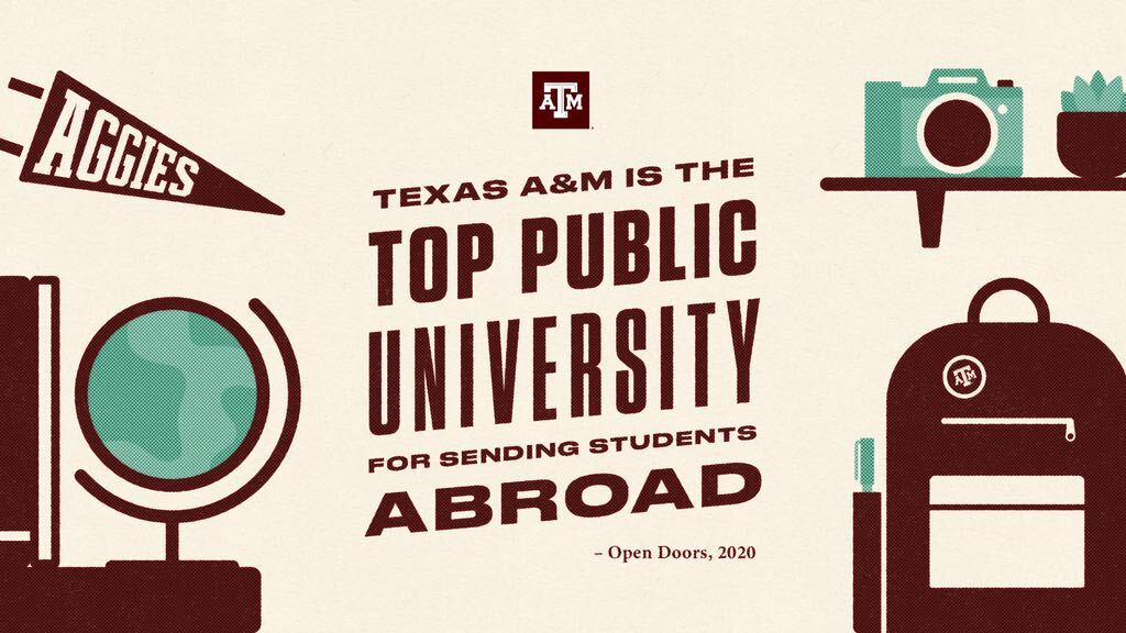 Graphic saying Texas A&M is the TOP PUBLIC UNIVERSITY for sending students abroad by Open Doors, 2020