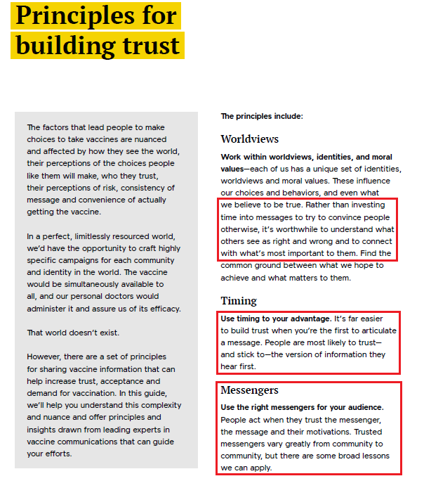 "Principles for building trust"The key method for obtaining societal acceptance for COVID19 vaccines will be the utilization of effective messengers. Tailored messages & timing [p. 7] is of critical importance - so we can expect to see a huge push via media & "influencers".