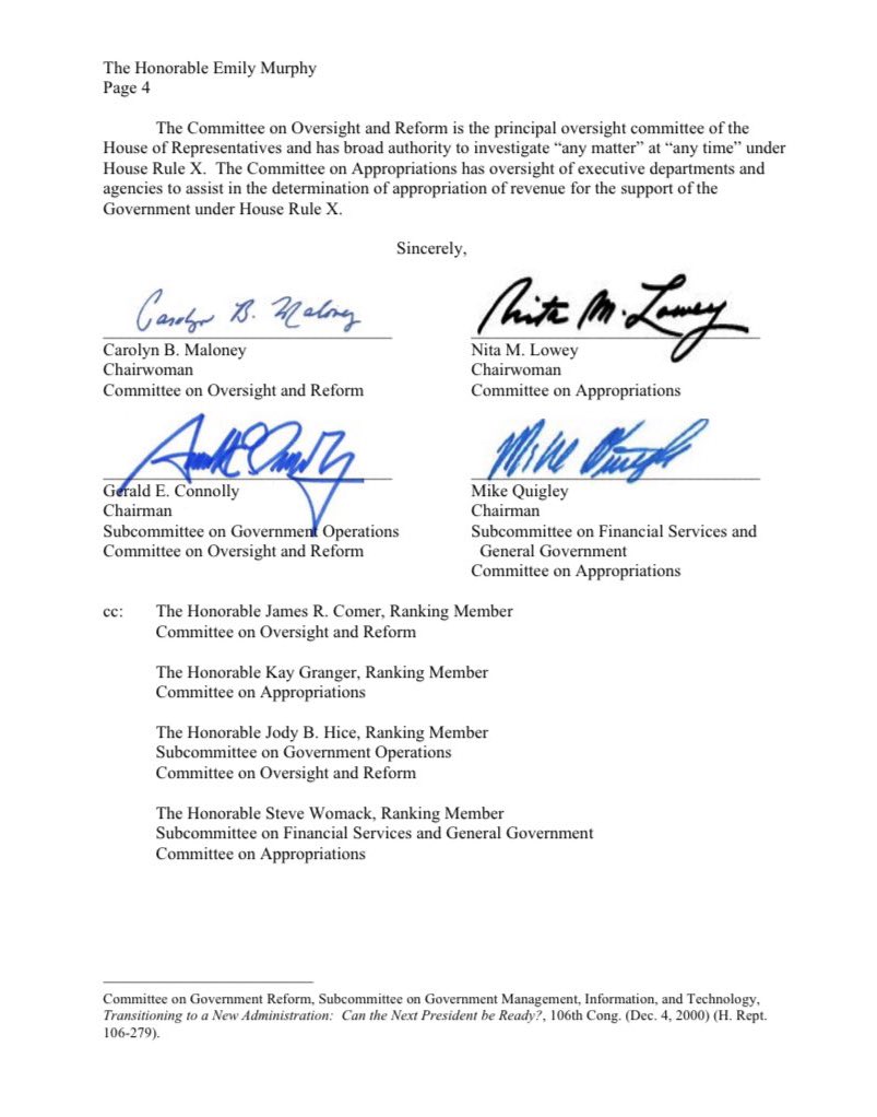 GerryConnolly's tweet image. We have been incredibly patient, @GSAEmily, but we can wait no longer. Your refusal to follow the law is active and existential threat to our democratic norms and institutions.
You owe us, and the American people, an explanation. We are demanding you provide one. By Monday.