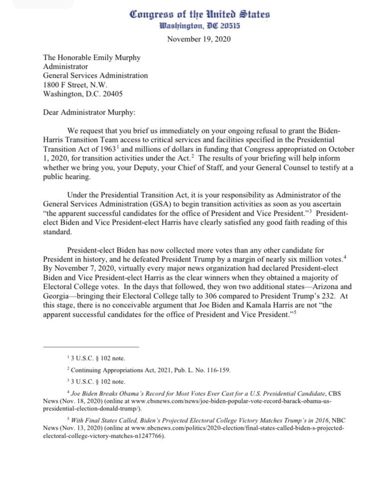 GerryConnolly's tweet image. We have been incredibly patient, @GSAEmily, but we can wait no longer. Your refusal to follow the law is active and existential threat to our democratic norms and institutions.
You owe us, and the American people, an explanation. We are demanding you provide one. By Monday.