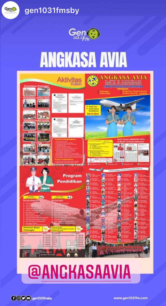 Angkasa_Avia's tweet photo. Wahhh ANGKASA AVIA masuk di GEN FM Surabaya loh, dengerin yuk! 😍😍😍 #sekolahpramugari #sekolahpenerbangan #pramugariindonesia https://t.co/b6HpWvnXfA