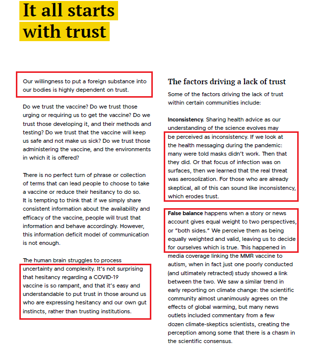 "It all starts with trust""Our willingness to put a foreign substance into our bodies is highly dependent on trust... It’s not surprising that  #hesitancy regarding a  #COVID19  #vaccine is so rampant..."[p. 8]