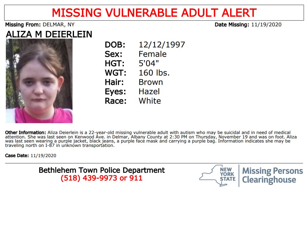 WNYT's tweet photo. IT ONLY TAKES A SECOND TO SHARE! Police say 22-year-old Aliza Deierlein is missing. They say she has autism, and may be suicidal and in need of medical attention. https://t.co/gFJWOvad7M