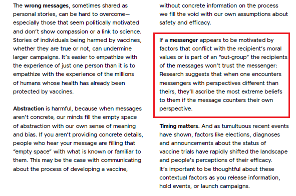 "Stories of individuals being  #harmed by vaccines, whether they are true or not, can undermine larger campaigns.""If a  #messenger appears to be motivated by factors that conflict w/ the recipient’s moral values [] the recipients of the messages won’t  #trust the messenger..."