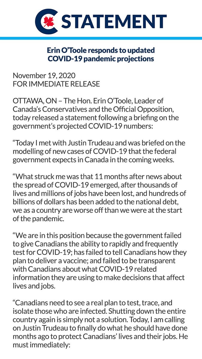 erinotoole's tweet photo. I met with Justin Trudeau and was briefed on COVID-19 modelling today. 

The Liberal government is revealing the risks of the second wave but have not learned the lessons from the first. 

We need a smarter response.

My full statement: https://t.co/39rHS3leak