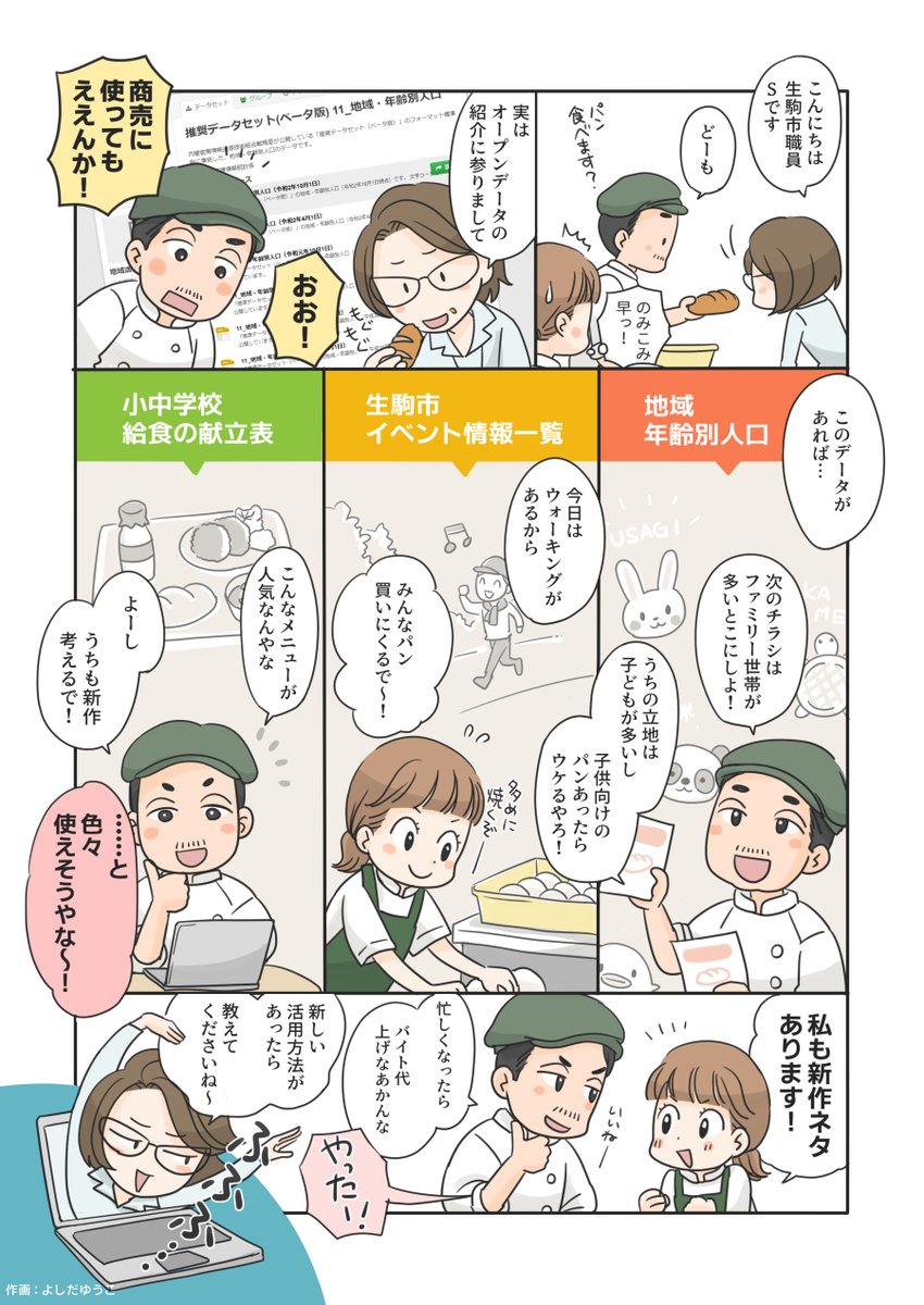 生駒市さまのご依頼で、オープンデータって何?何の役に立つの??ということをわかりやすく楽しくマンガにしました!

出典:生駒市オープンデータポータルサイト 「マンガでわかるオープンデータ」を公開しました
https://t.co/WP7QJOAMHM 