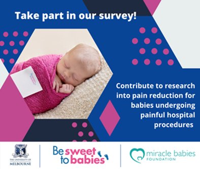 MiracleBabies's tweet photo. Preterm & sick babies undergo unavoidable painful procedures. 3 ways parents can help at the time: breastfeeding, kangaroo care & giving a little sucrose. Participate in the quick #BeSweet2Babies survey to help research into pain reduction https://t.co/GkJSPnRloh #wpd2020 https://t.co/n6sCGTKJSN
