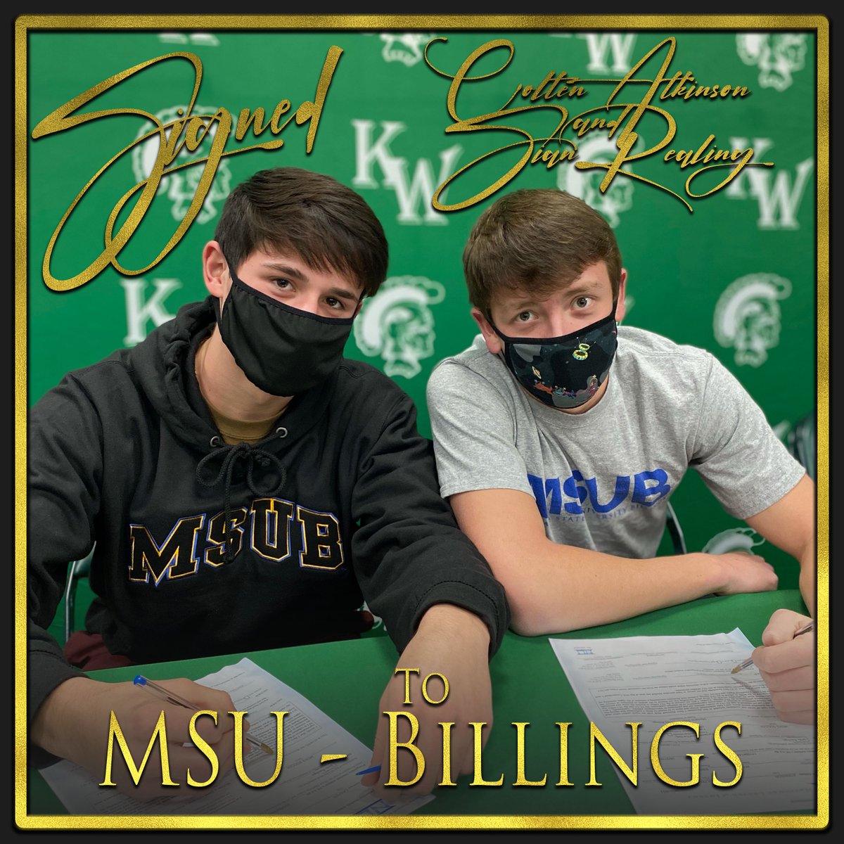 KellyWalshHS's tweet image. Signed!  Colten Atkinson and Sian Realing will both be continuing their soccer careers at MSU-Billings.  Congratulations guys!  #WEareKellyWalsh #EarnYourSword
